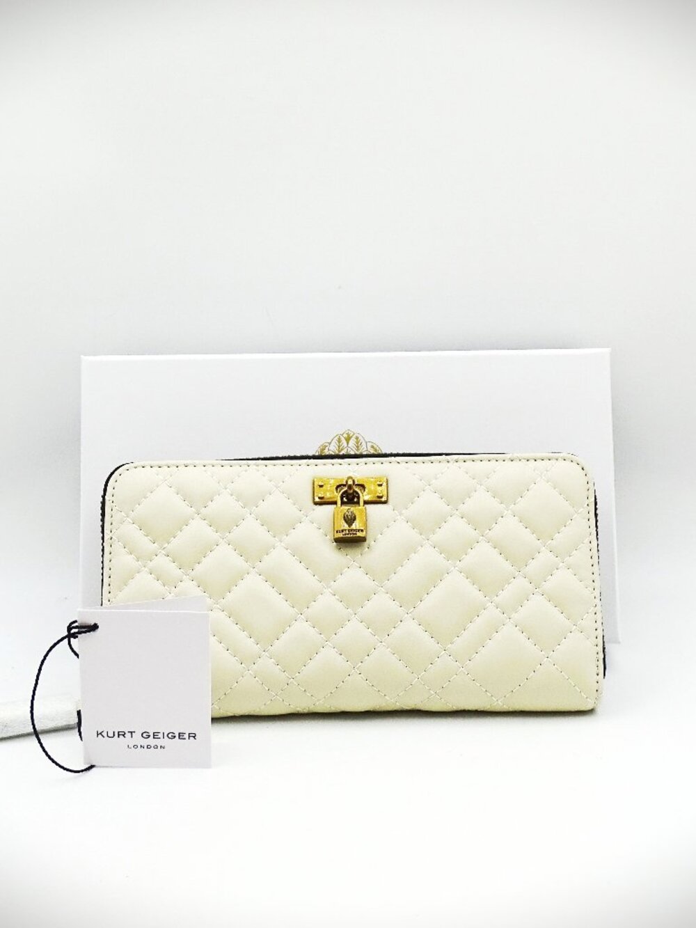 KURT GEIGER LONDON Brixton Quilted Bone Color Leather Zip Around Wallet